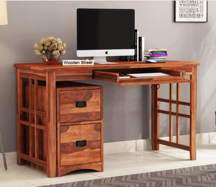 polished wood computer table with desk top, brown, room setting