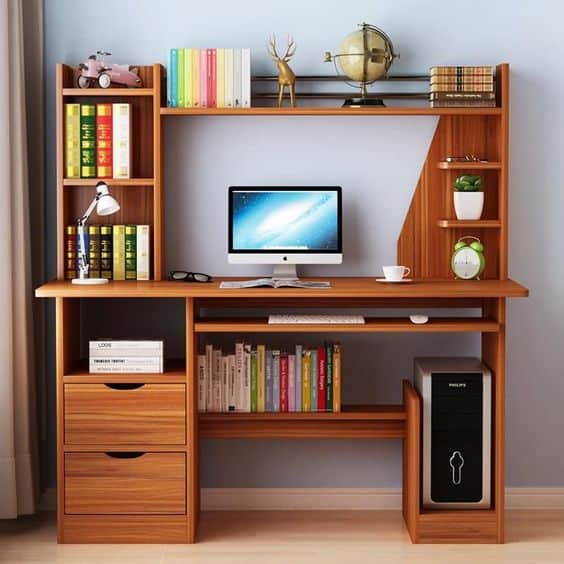 brown wooden polished computer table and shelf for books, desktop set, drawers
