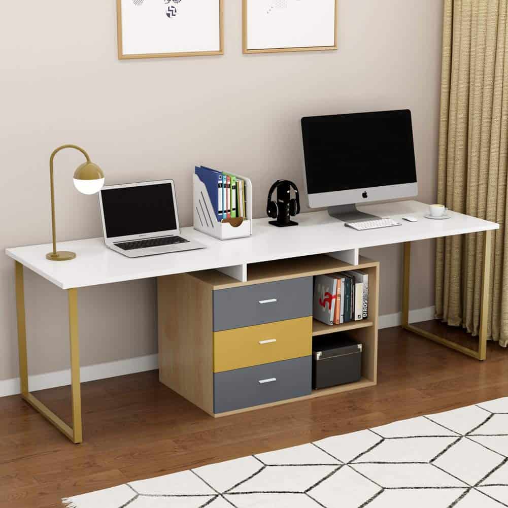 rectangle shaped computer table, white table top, golden frames, drawers yellow and gray