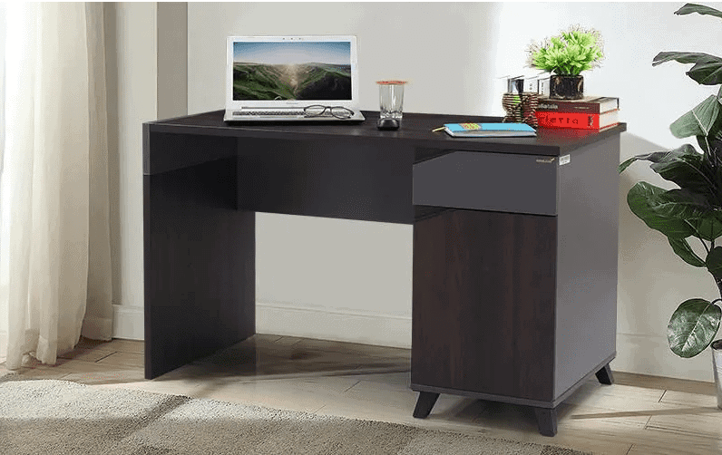 dark brown desk top computer table design, laptop, indoor plant, room