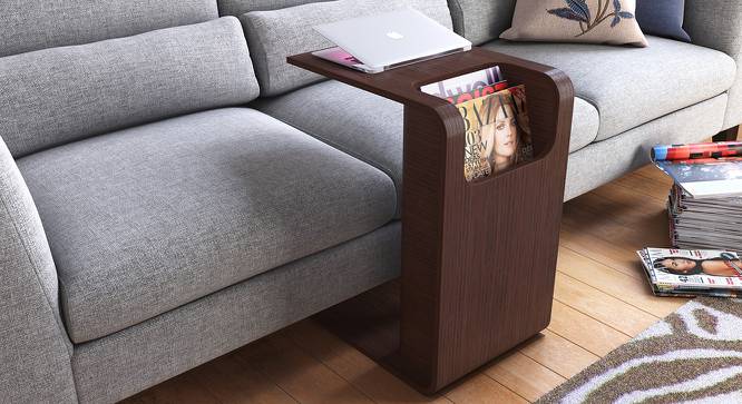 wooden standing laptop table, dark brown, magazines, gray sofa