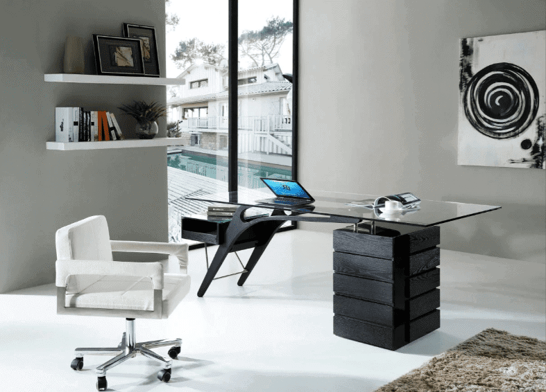 glass top, black wooden frame, white chair, laptop, office setting, furniture
