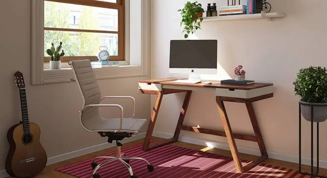 room setting, white and brown computer table, chair