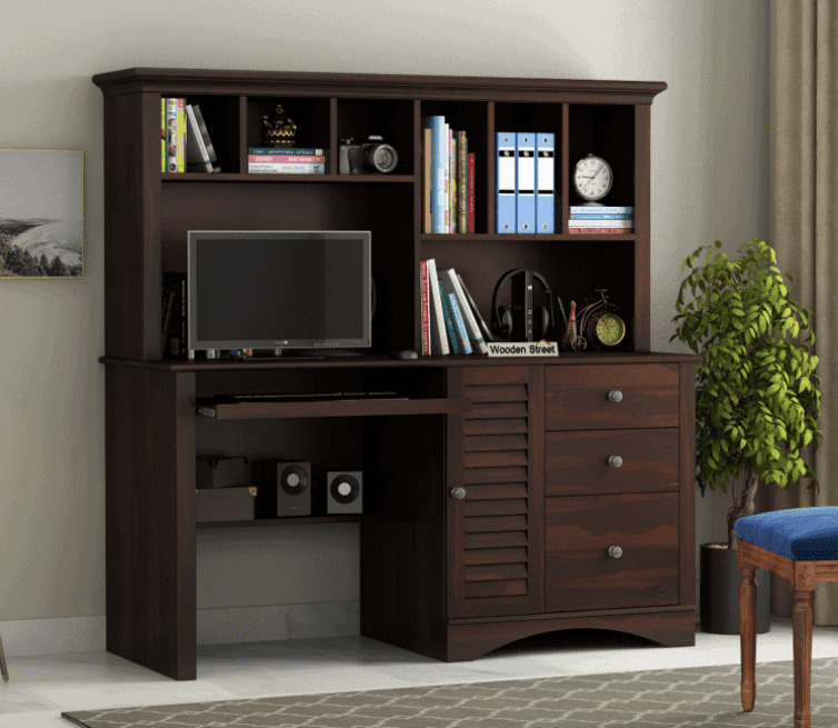 dark brown computer desk top table design, books and articles, room setting, wooden, indoor plant