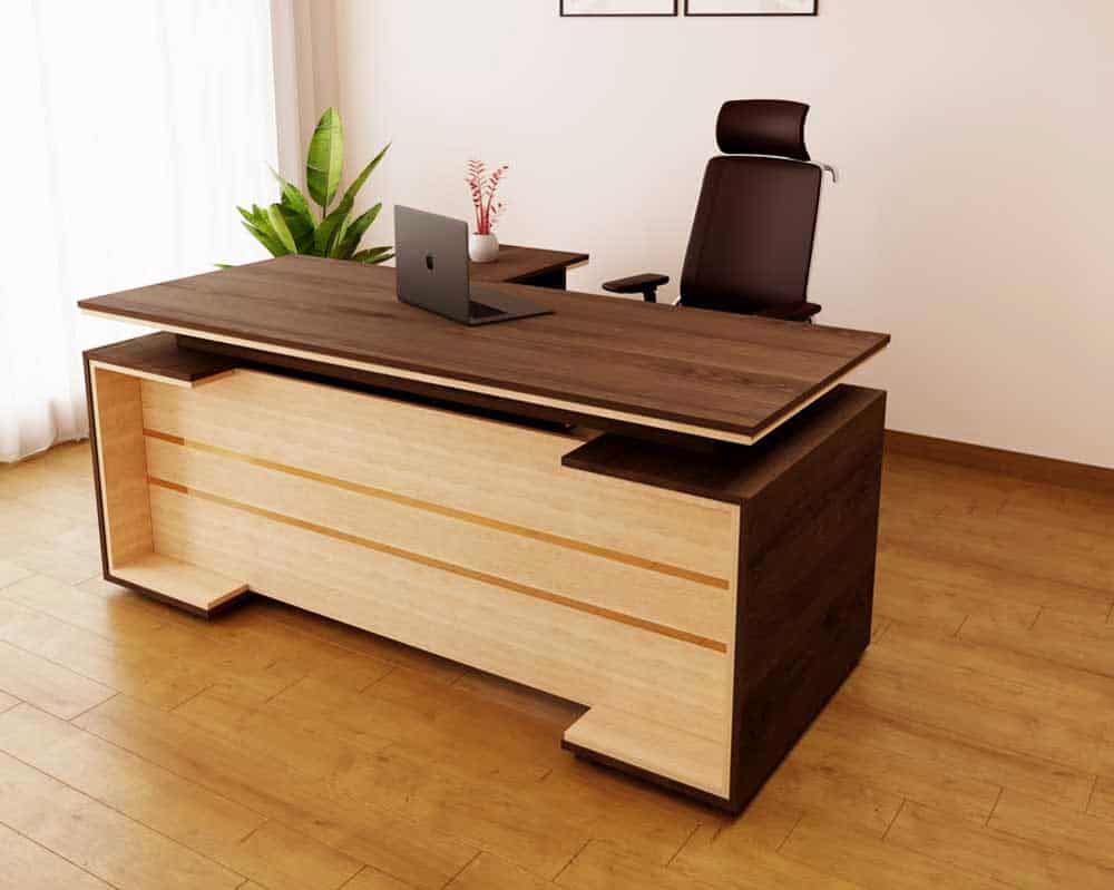 light brown and dark brown office furniture, office chair, laptop