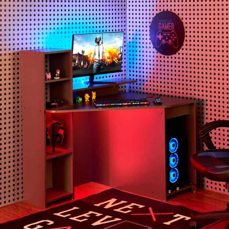 blue and red light room, corner furniture, chair, gadgets