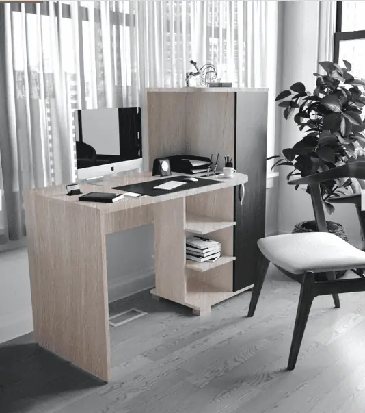 white and black wooden furniture for computer, chair, room