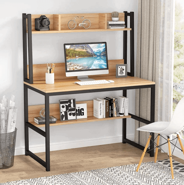 wooden and metal frame desk top computer table design with shelf and chair