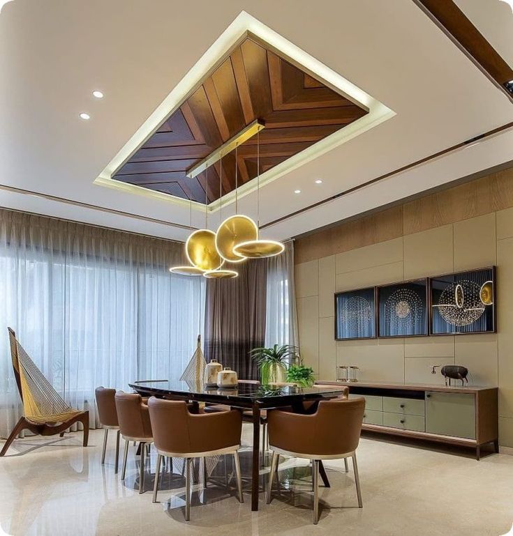 luxurious dining room, multiple layered, designer ceiling with hanging lights, chairs, table, rug, flooring