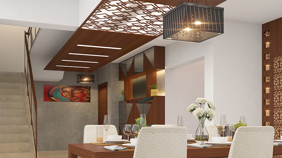 designer ceiling, intricate, wooden, dining room, decorative lighting above, flowers on the table