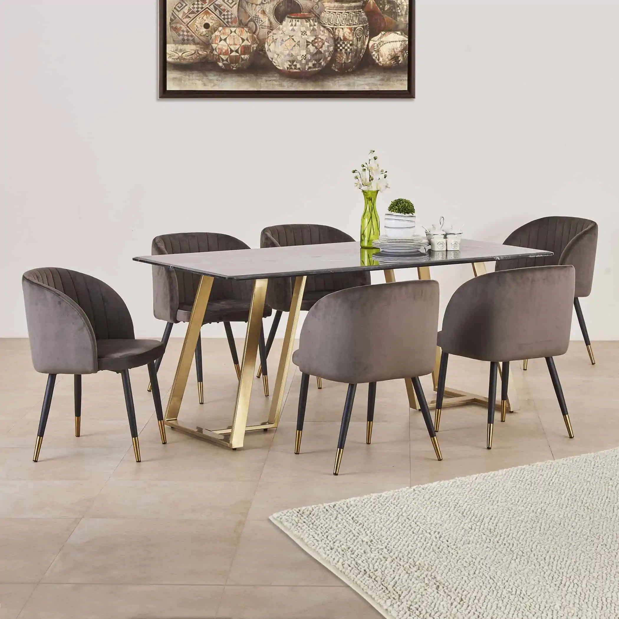 Black marble top rectangle 6 seater dining table with brown chairs