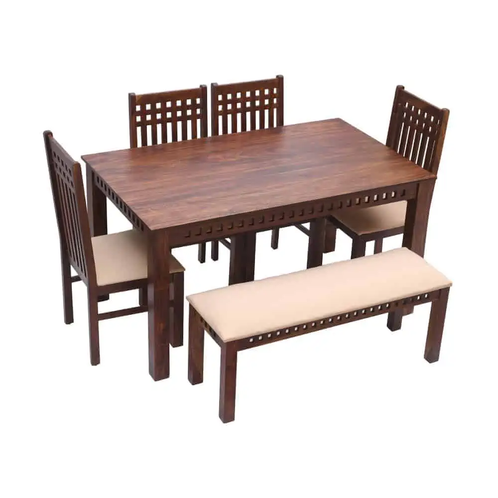 rectangle dark brown wooden dining table with 4 wooden chairs and one wooden bench, with off white seats and polishing on wood