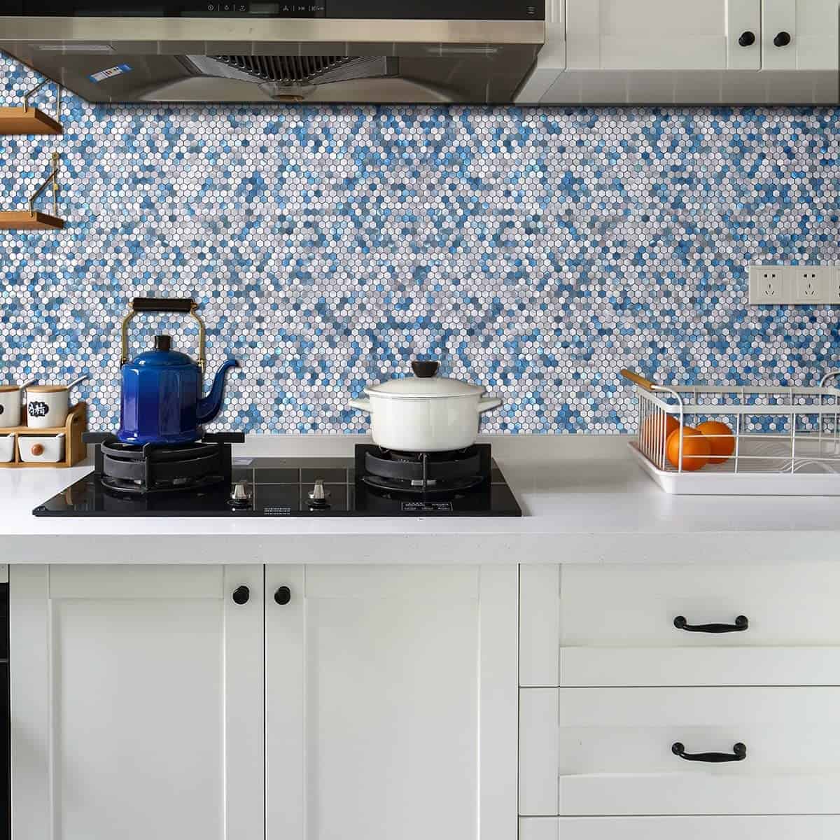 blue and mettalic mosaic tiles for kitchen backsplash, subway tiles, kitchen wall tiles