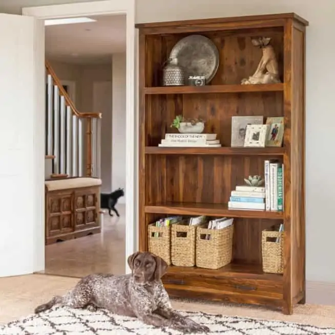 wooden bookcase with articles, brown colour