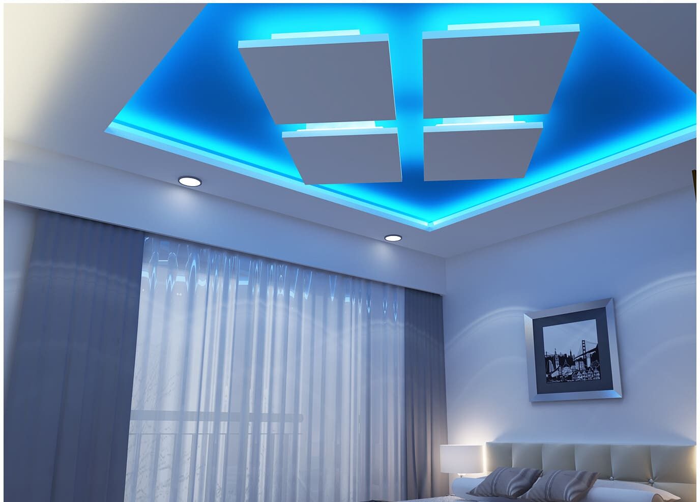 geometric shapes, false ceiling in bedroom, blue light, bed, curtains, white walls
