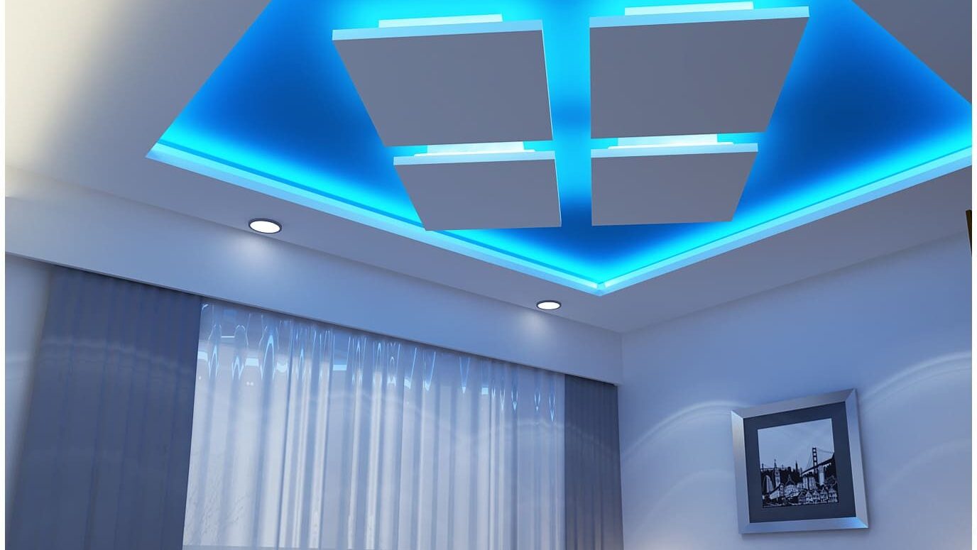 geometric shapes, false ceiling in bedroom, blue light, bed, curtains, white walls