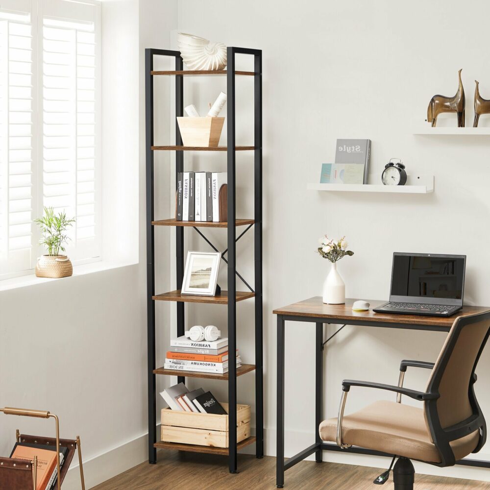 Black industrial style metal straight bookcase beside a study table for your home office