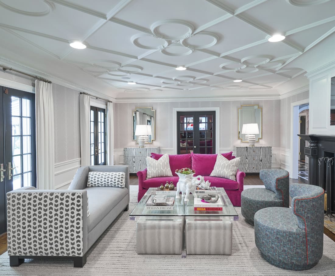 intricate latticework, elegant living room decor, sofa, rug, centre table, lights