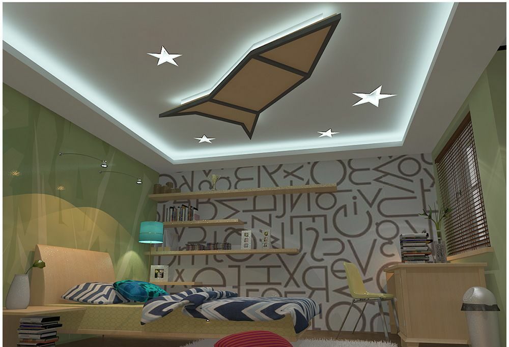 beautiful ceiling for kids room, stars, printed walls, stary lights, bed
