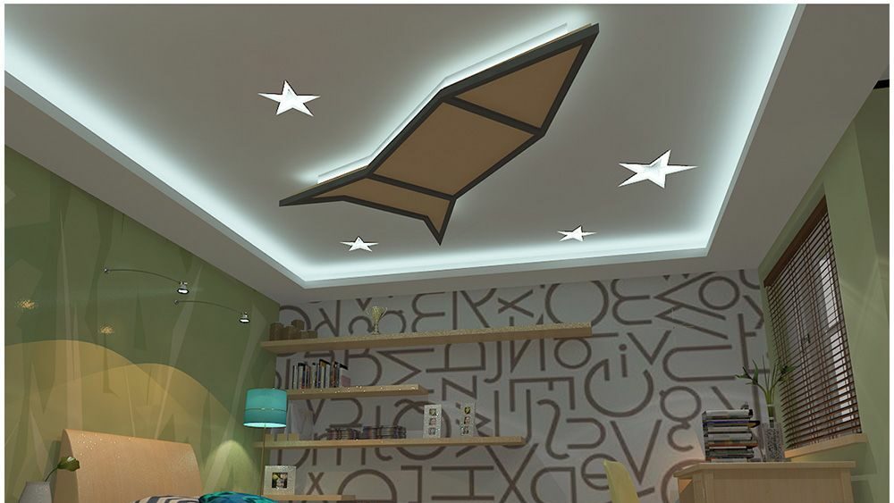 beautiful ceiling for kids room, stars, printed walls, stary lights, bed