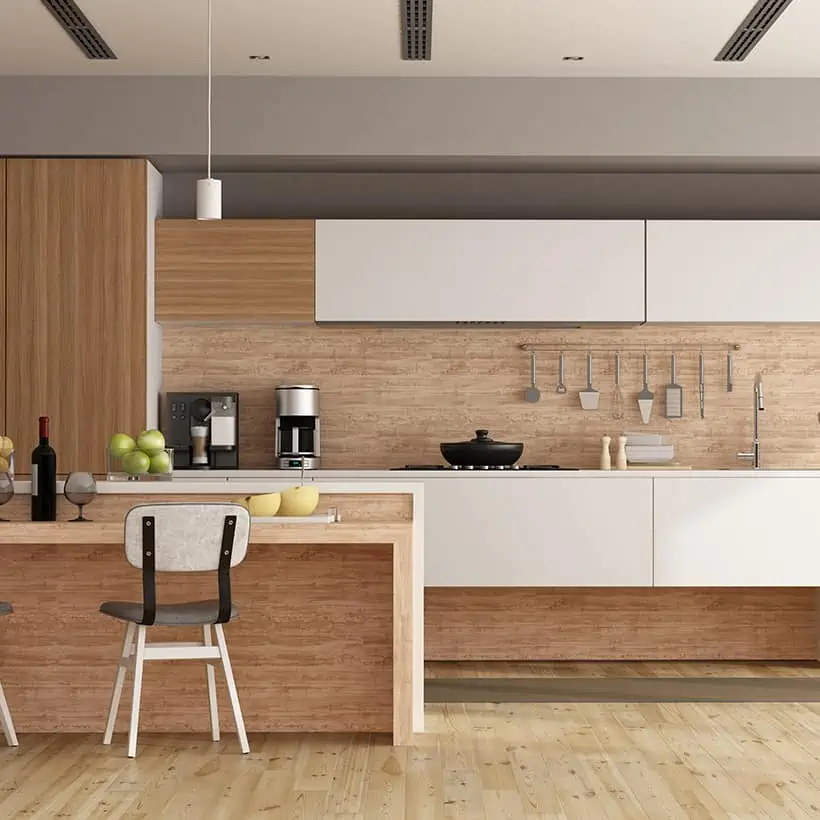 Wooden tiles for flooring and walls of kitchen