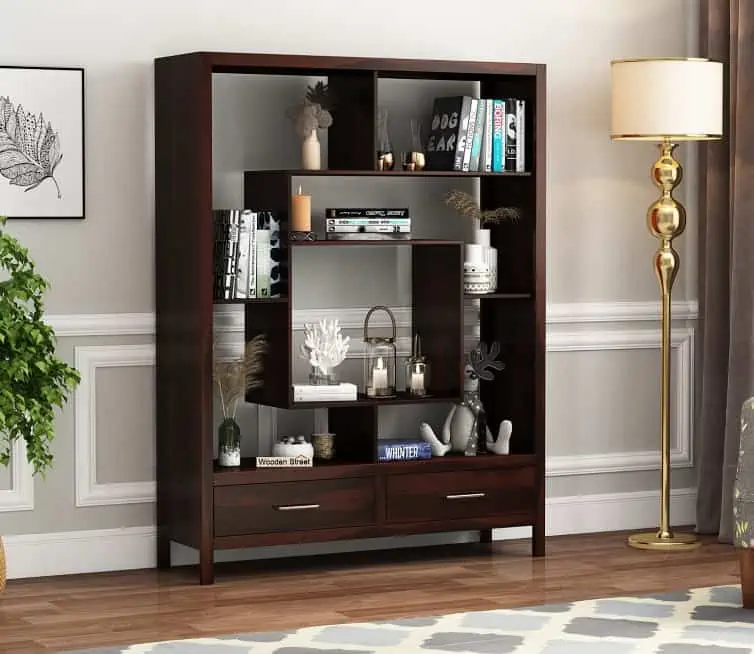 dark brown modular bookshelf with articles and books