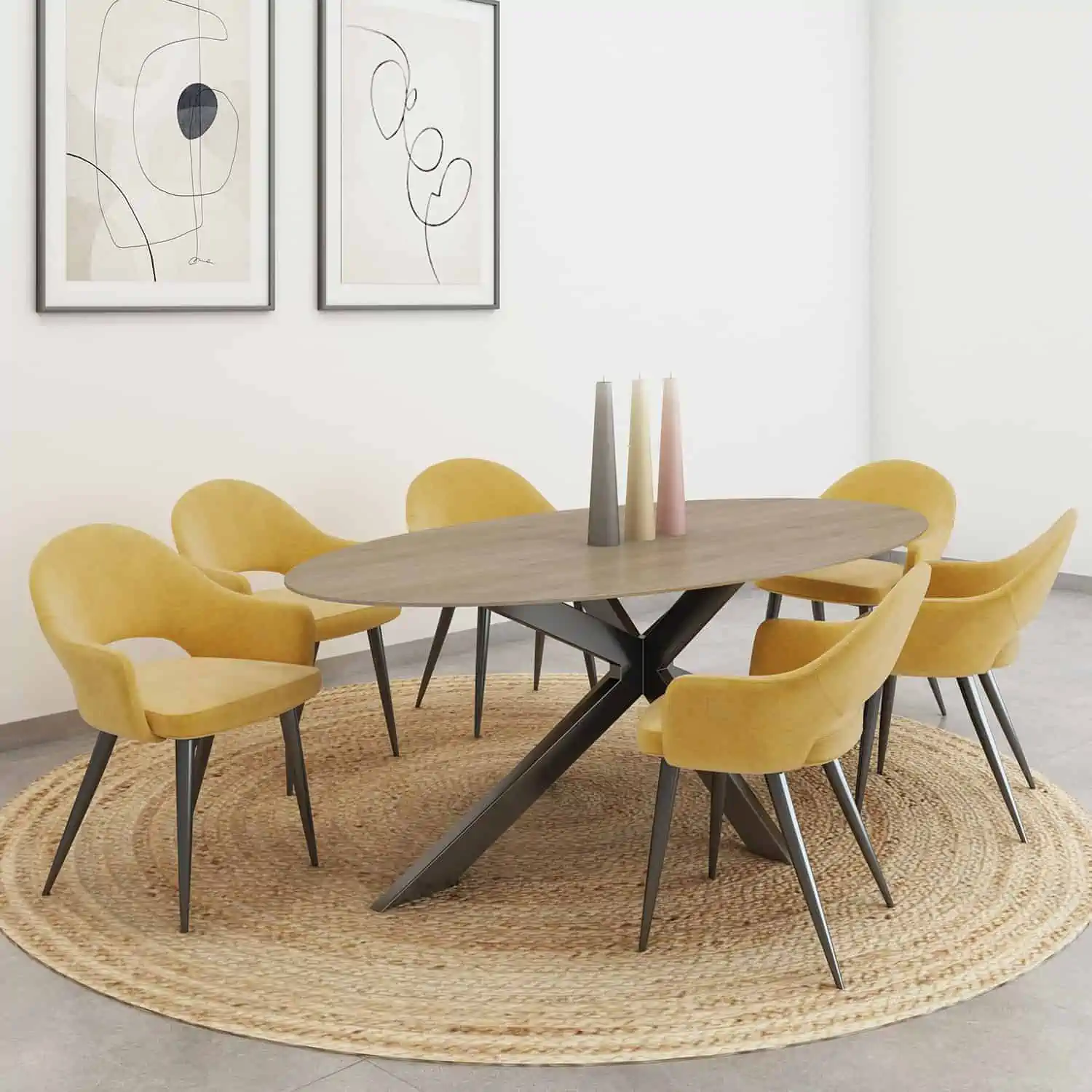 Wooden oval top dining table with 6 yellow chairs, placed on a rug in a room with white walls