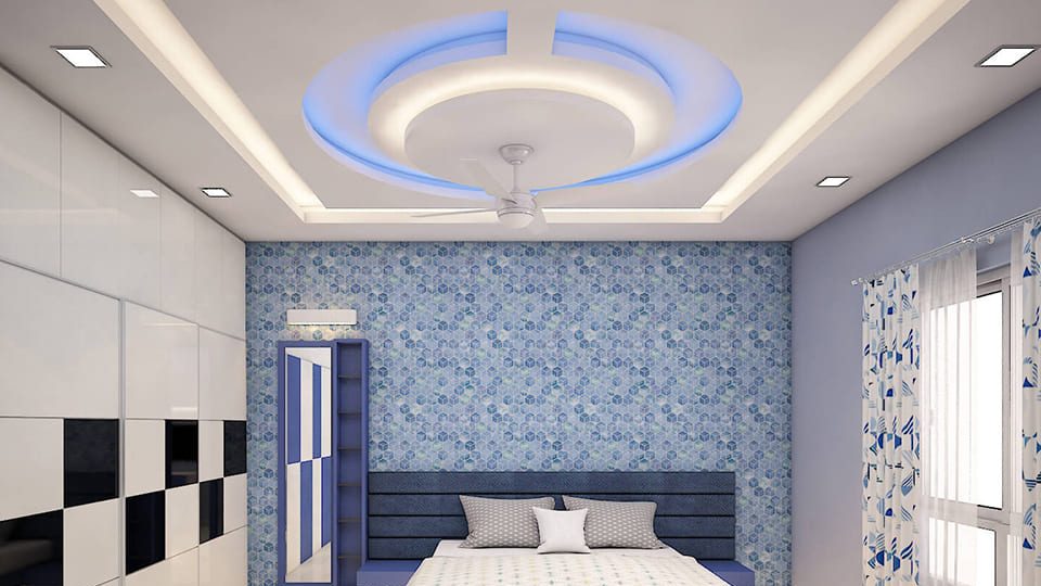 bedroom decor, interiors, plus-minus, blue light, fan, flooring, bed, minimal 