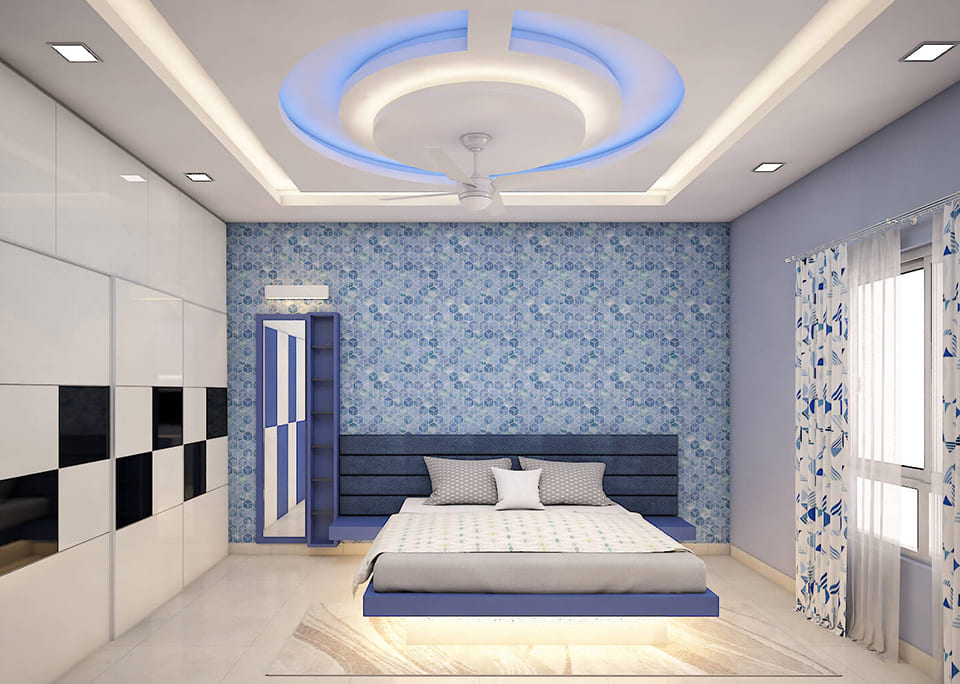 bedroom decor, interiors, plus-minus, blue light, fan, flooring, bed, minimal 