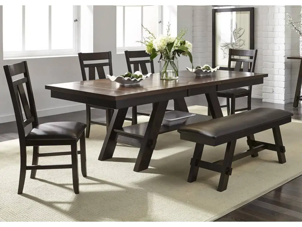 dark brown rectangle dining table with 4 chairs and bench with dark brown seating