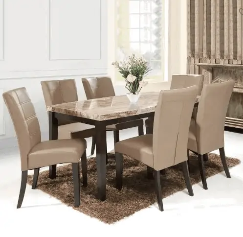 rectangle 6 seater table with a marble-like table top, wooden frame and light brown seats, in a room setting