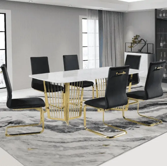 white top golden frame furniture, black furniture golden frame, light gray walls, marble floor