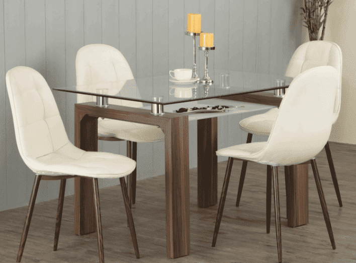 rectangle 4 seater glass top dining table with wooden frame, white chairs with wooden legs, in a dining room