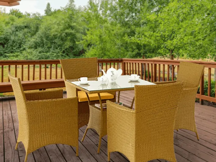 glass top furniture, cloth weaving structure, outdoor terrace setting, yellow colour