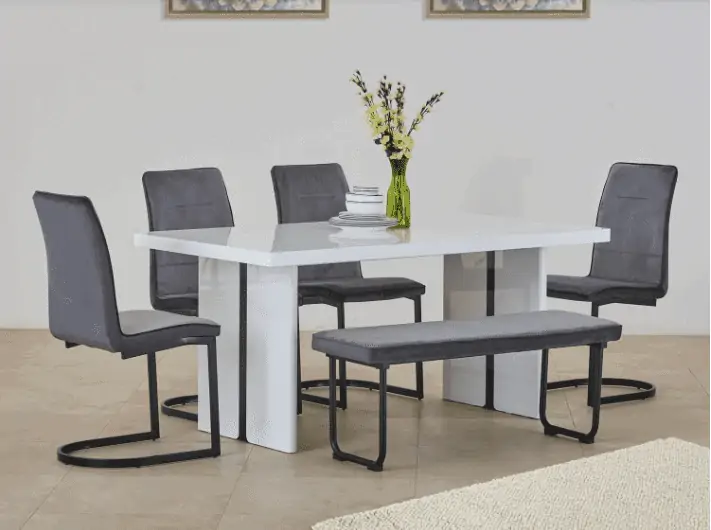 white glossy finish furniture, gray furniture, black body, room setting