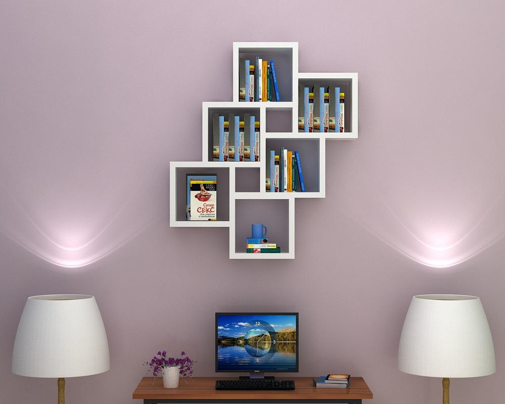 white square grid wall mounted bookshelf, living room, study table