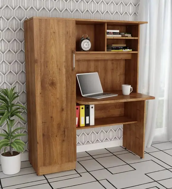 brown wooden study table with bookshelf, laptop and books, in a living room