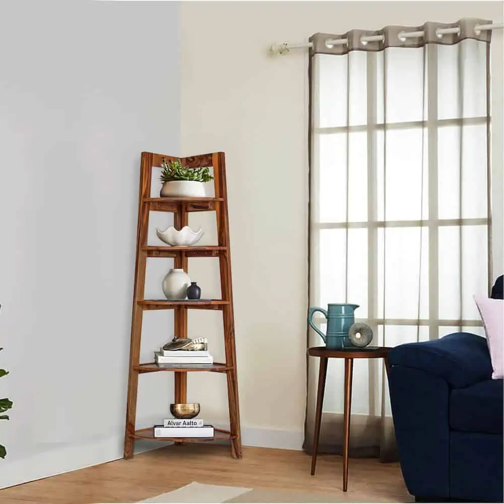 bookcase corner with articles in a living room, brown colour, study table