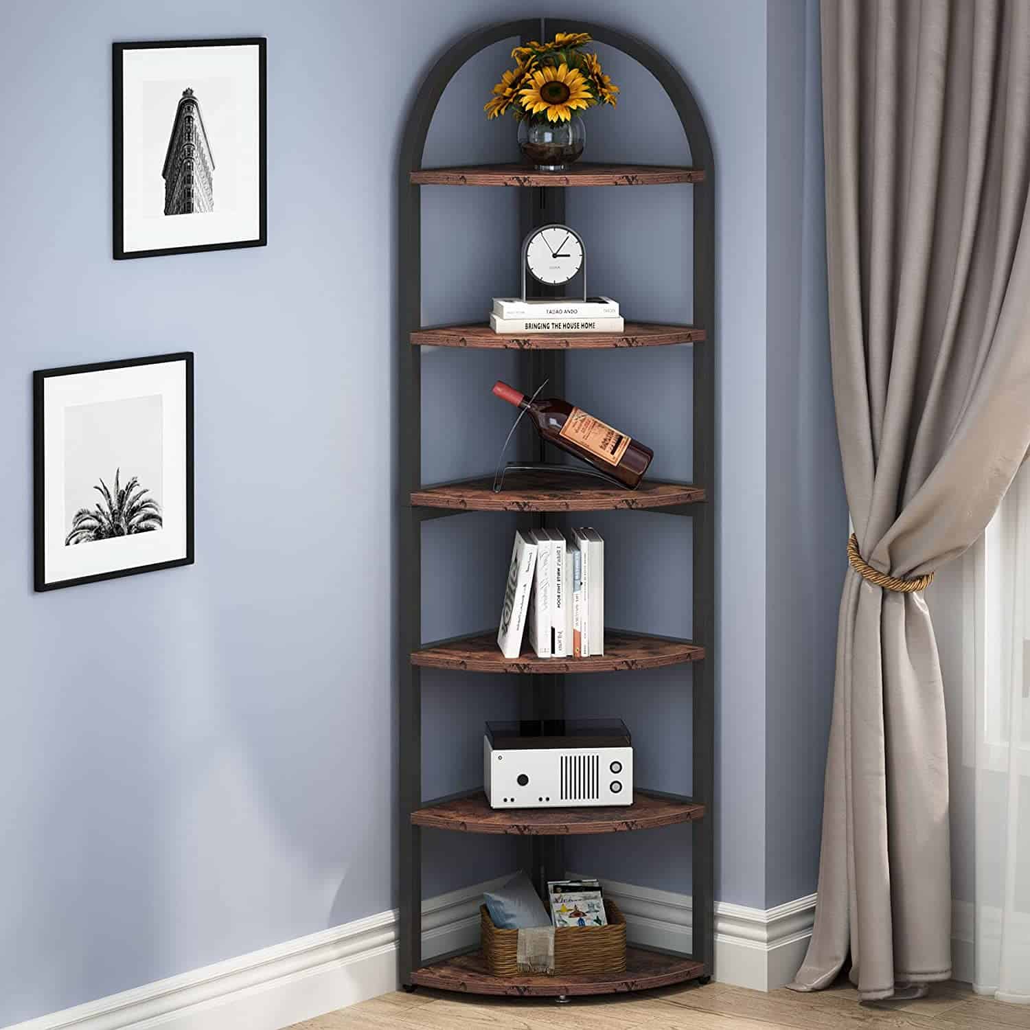 6 tier corner black and brown bookcase, showpieces