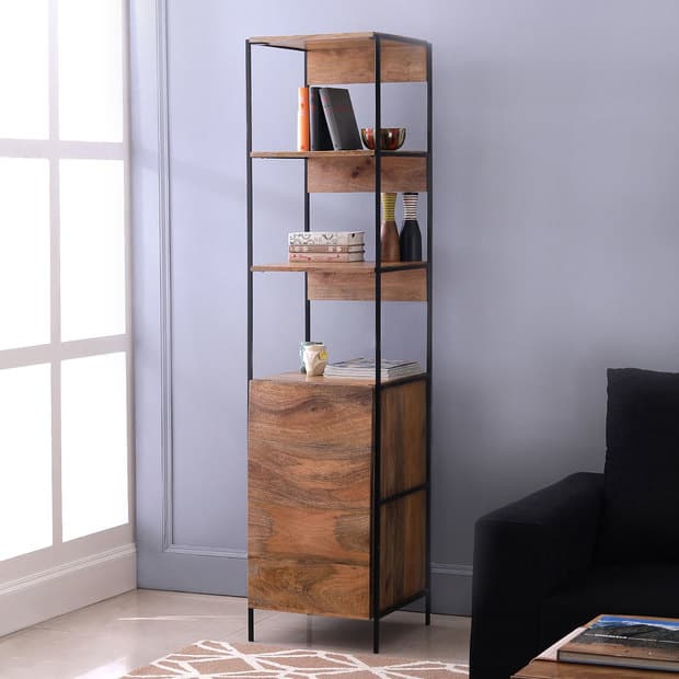 vertical tall bookcase brown and black, room with window