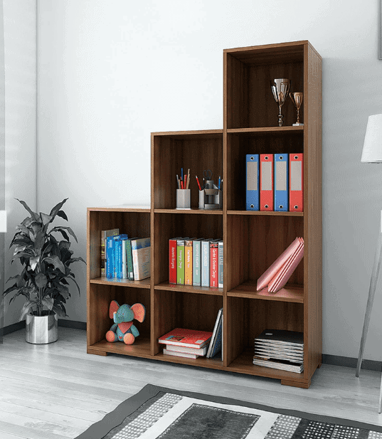brown stair shaped bookcase, books, room corner