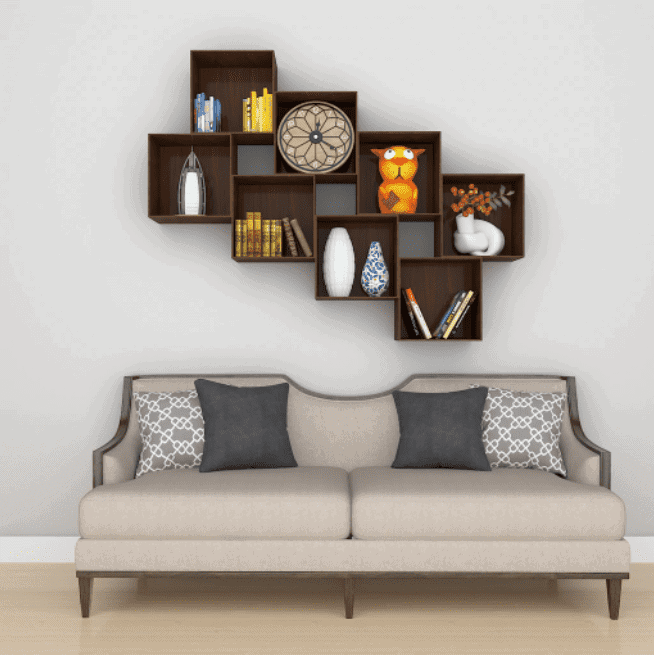 dark brown wall mounted square bookshelf, living room