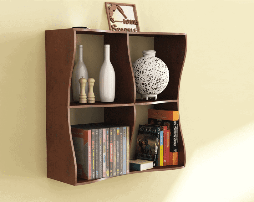 4 shelf dark brown wall hanging bookshelf over a study table