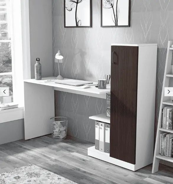 white and dark brown sleek study table with bookshelf in a room with light gray walls