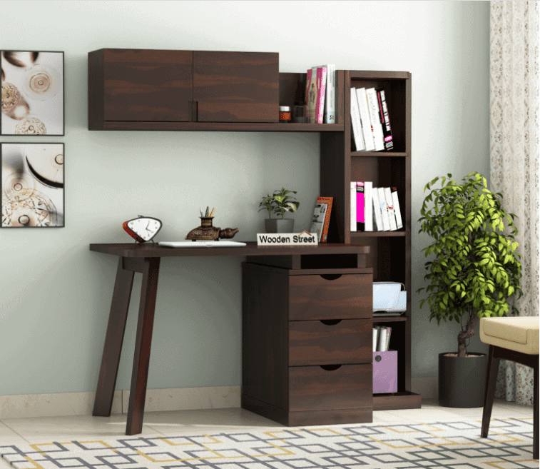 study table with bookcase dark brown in room