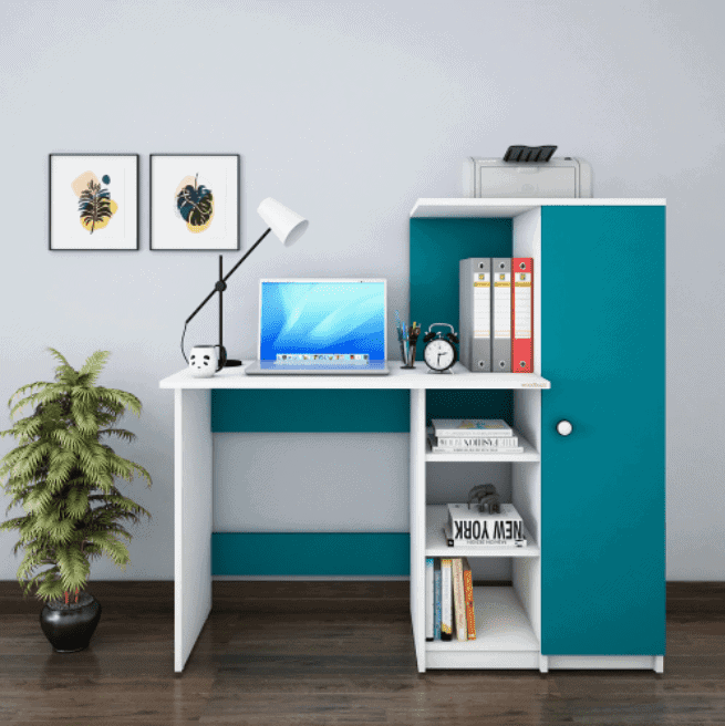 blue and white study table with bookshelf