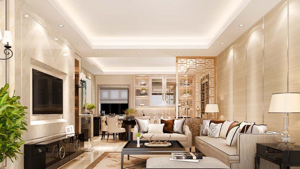 single layered, living room decor, sophisticated interiors, sofa, lights, rug, flooring