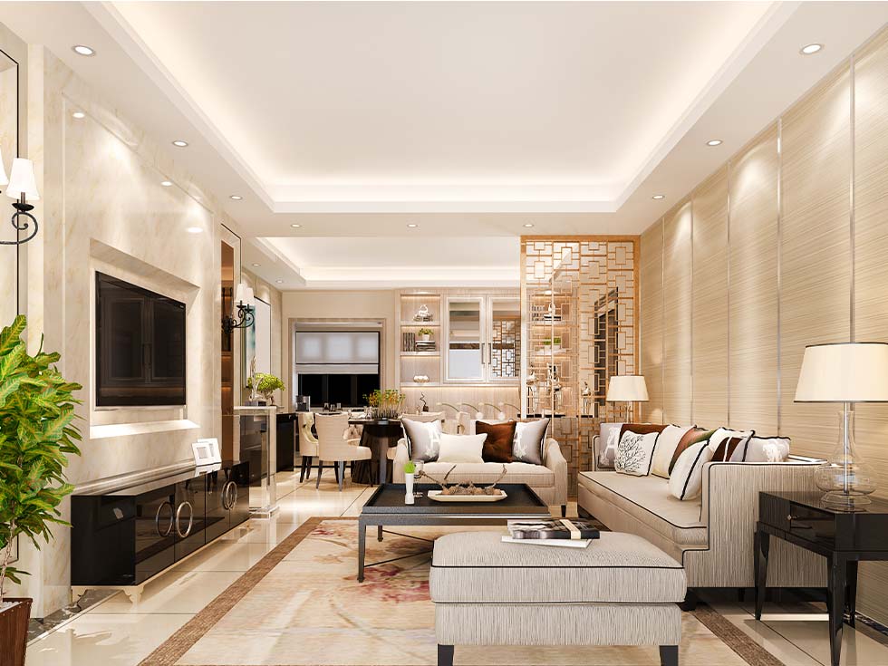 single layered, living room decor, sophisticated interiors, sofa, lights, rug, flooring