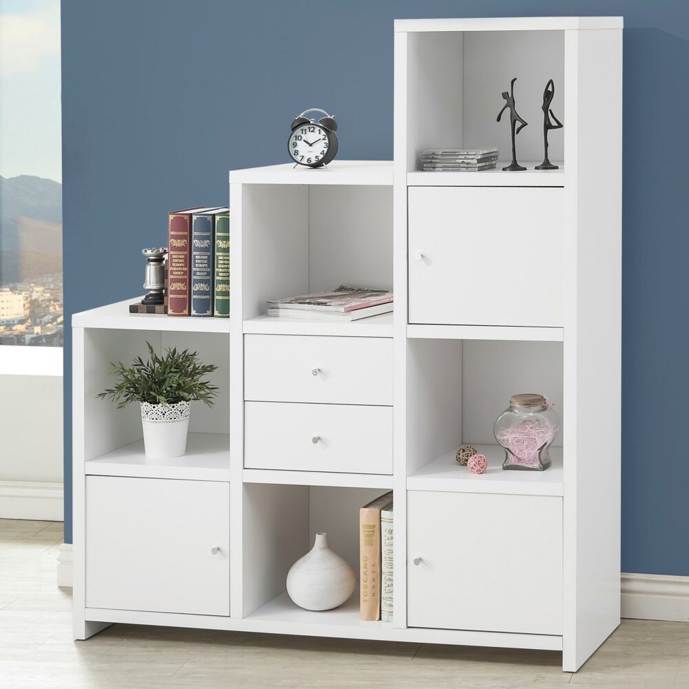 white Stair shaped bookcase