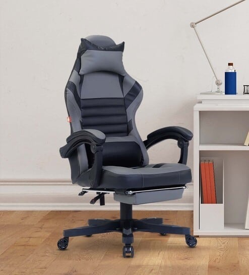 gaming plastic office study chair with wooden flooring and white walls.